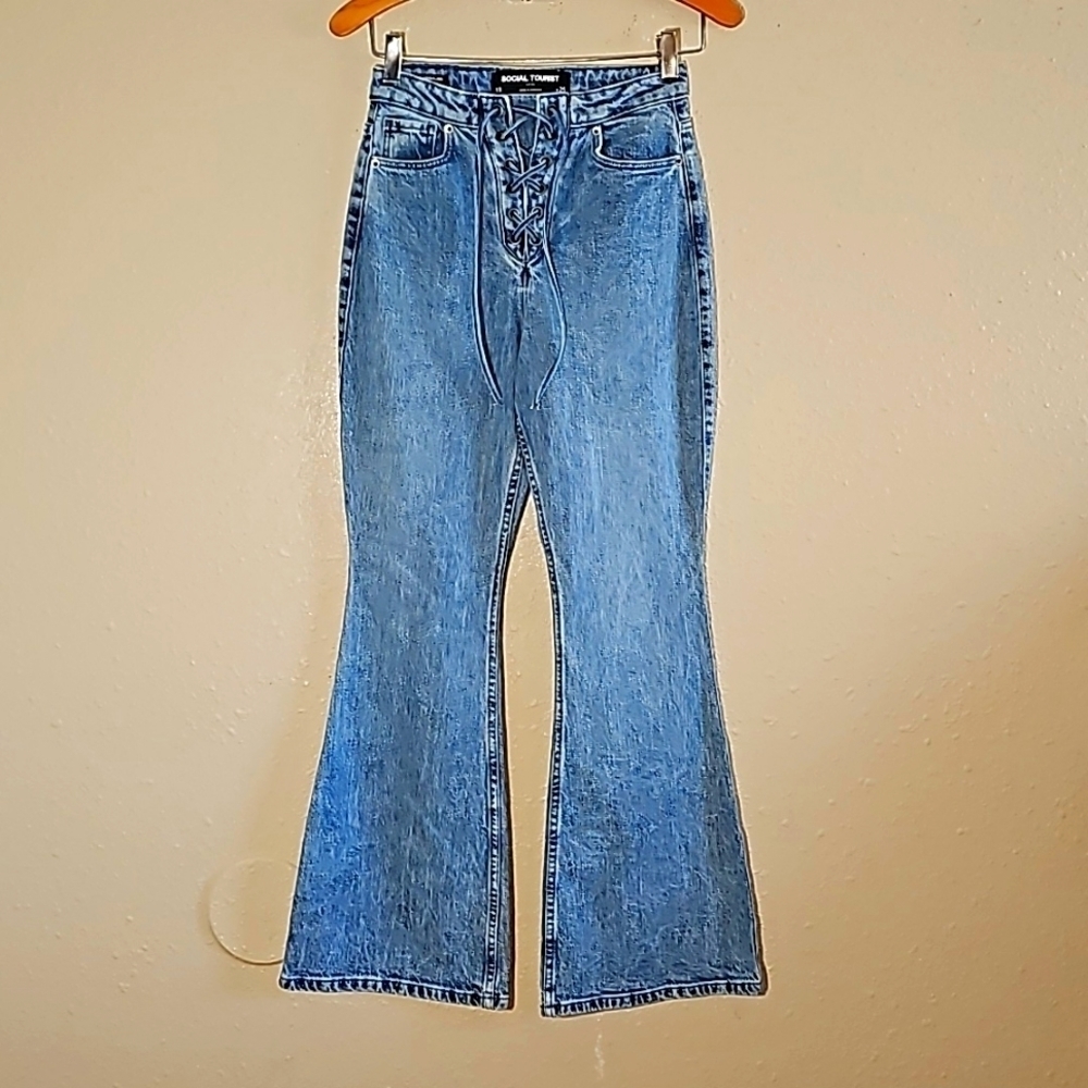 Social Tourist Lace Up High Rise Flare Jeans